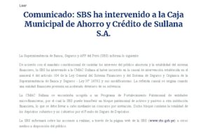 Comunicado de la SBS ante la intervención de Caja Municipal de Ahorro y Crédito de Sullana S.A.