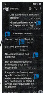 En chats enviados a sus víctimas, la enfermera mencionaba a un supuesto contacto clave al que llamaba “Supremo”, quien presuntamente ayudaba a manipular convocatorias en EsSalud. l Foto: Iletrados Noticias.